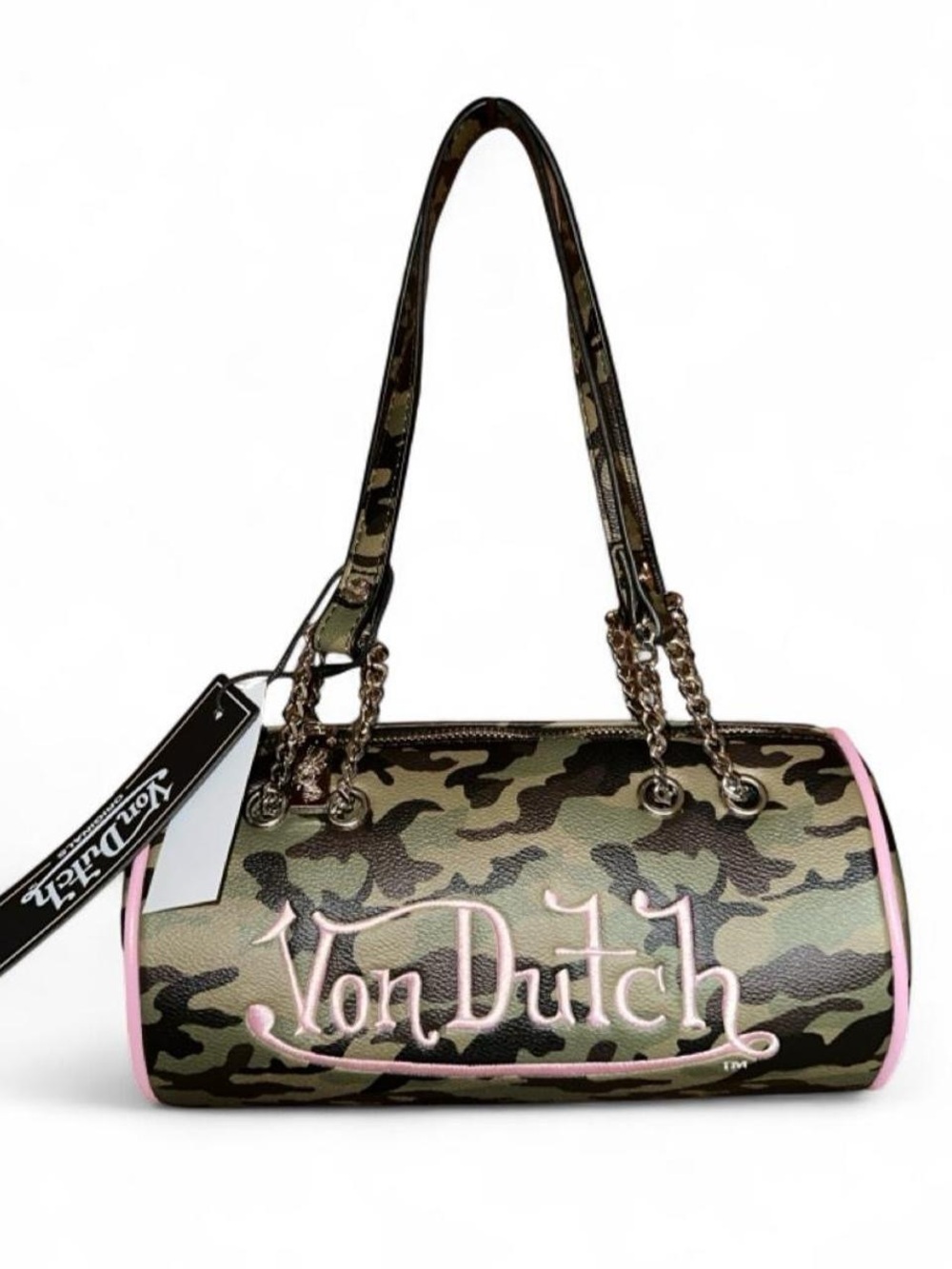 Von Dutch Camo Barrel Shoulder Bag with Pink Trim